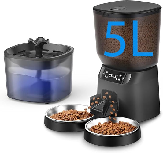Automatic Cat Feeder and Water Fountain, 5L/20 Cups Timed Cat Dry Food Dispenser, 10s Meal Call, 20 Portions 6 Meals Per Day, 2L Cats Fountains for Drinking with Filter, Pet Feeder for Dog Black