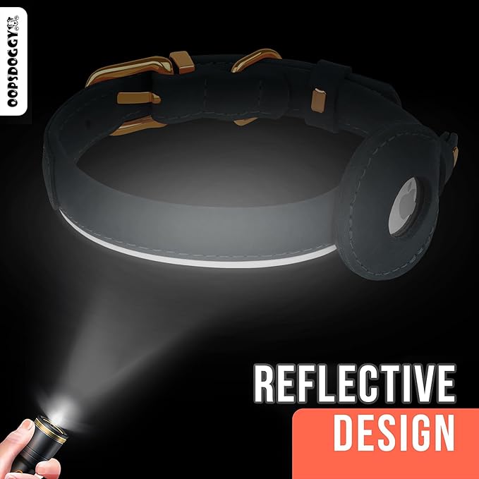 OOPSDOGGY Rolled Leather Dog Collar with Airtag Holder - Reflective Round Airtag Dog Collar - Soft Tracking Pet Collar for Small Dogs Puppy Cats Kitten (Black, M, 12"-15")