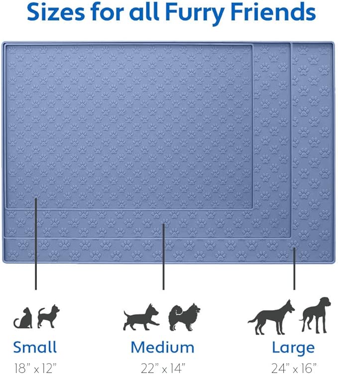MIGHTY MONKEY 100% Waterproof Dog Food Mat, Raised Edges Silicone Pet Feeding Placemat for Cat, Dogs, Pet Bowls, High Lipped Tray Prevents Water Spills, Food on Floor, Dishwasher Safe, 24x16, Lt Blue