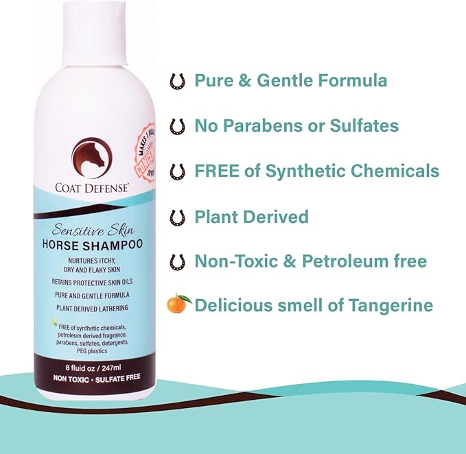 COAT DEFENSE Sensitive Skin Shampoo for Horses | All-Natural & Made in USA | Hypoallergenic Aloe Based - Soothes and Relieves Itchy, Dry and Inflamed Skin | Safe for Everyone | 8oz. Concentrated