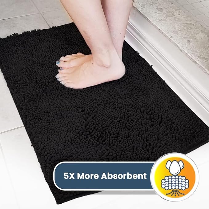 Muddy Mat® AS-SEEN-ON-TV Highly Absorbent Microfiber Door Mat and Pet Rug, Non Slip Thick Washable Area and Bath Mat Soft Chenille for Kitchen Bathroom Bedroom Indoor and Outdoor-Black Runner 24"X60"