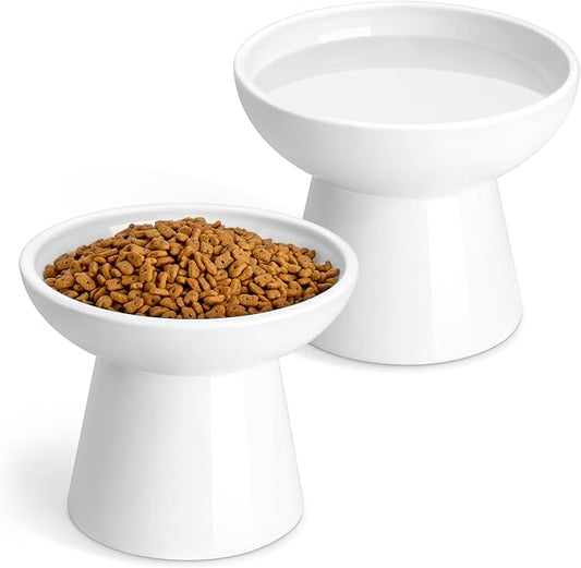 vancasso Ceramic Elevated Cat Bowls 2-Pack - 6.2" Extra Wide Raised Cat Food & Water Dishes, 5.1" Optimal Height Anti-Whisker Fatigue Shallow Bowls for Cats/Kittens/Dogs, Lead & Cadmium Free (White)