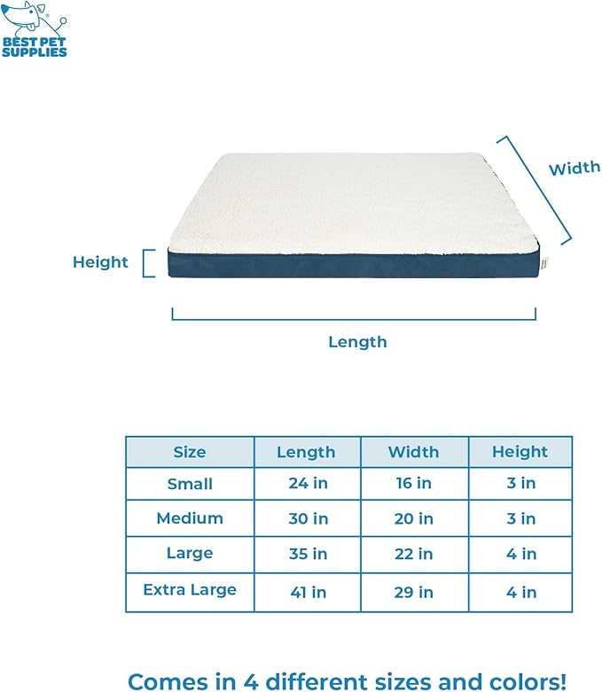Best Pet Supplies Cute Dog Crate Mat Flat Bed with Waterproof Exterior, Thick Orthopedic Egg Foam Mattress, and Soft Sherpa Fleece Cover for Small, Medium, and Large Breeds - Blue, 41X29X4