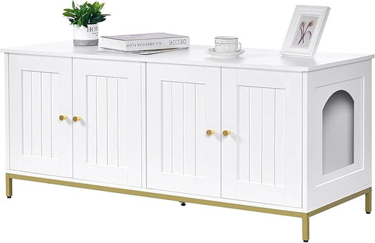 Homhedy Cat Litter Box Enclosure for 2 Cats, Cat Washroom Furniture with Double Room, Pet House with Metal Frame, 47.2”L x 17.7”W x 21.7”H, White and Gold
