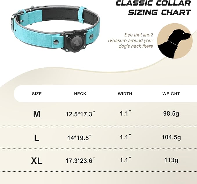 AirTag Dog Collar - Leather Dog Collar with Air Tag Holder | IPX8 Waterproof, Reflective, High - End, Adjustable Soft Padded | Dog GPS Tracker Collars Fit for Medium Large Dogs (Light Blue, L)
