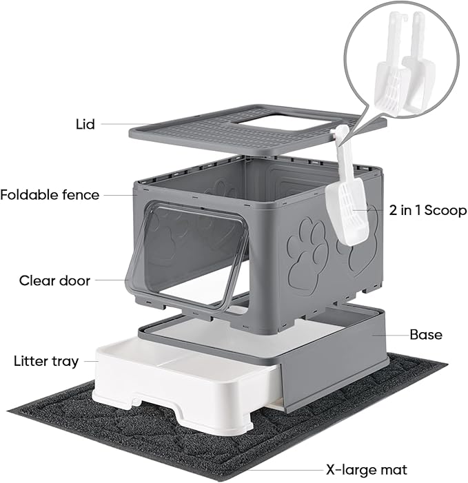 Cat Litter Box with X-Large Litter Mat and Scoop, Large Foldable Litter Box with Lid, Enclosed Kitty Box,Front Top Entry Exit, Odor Control Easy to Clean (Upgrade Dark Grey)