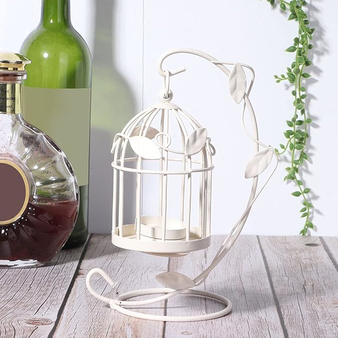 Birdcage Candle Holder, Hanging Candle Holder Decorative Bird Cages Bird Cage Decor Vintage Metal Candlestick for Wedding, Party(White)