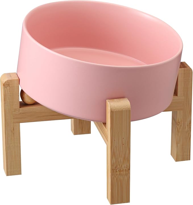 Pink Elevated/Raised 15°Tilted Anti Slip Ceramic Dog Bowl for Medium & Large Breeds,Slanted Bulldog Big Face Pet Food Water Feeding Dish with Stand (7.6 Cups/60OZ)