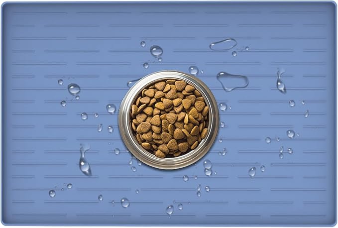 24" x 16" Dog Food Mat, Silicone Pet Mats for Food and Water, Nonslip Pet Feeding Mats for Floors, Dog Cat Bowl Mat with Raised Edges, Lake Blue