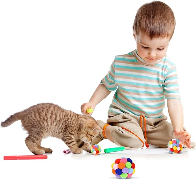 TUSATIY Cat Toy Balls with Bell 3PCS, Colorful Soft Fuzzy Balls Built-in Bell for Cats, Interactive Playing Chewing Toys for Indoor Cats and Kittens