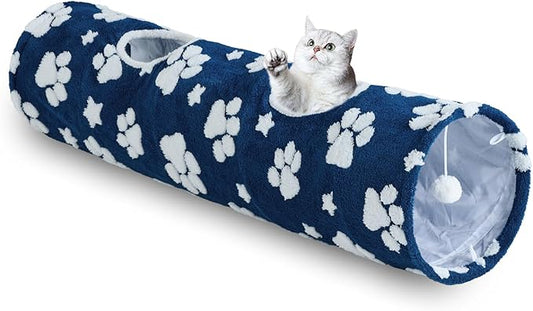 Straight Cat Tunnel for Indoor Cats 47"x12", Cute Cat Toys Collapsible Tunnel Tube with Balls for Puppy Kitten Rabbit, Blue Paw