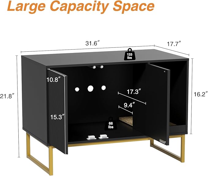 Cat Litter Box Enclosure, Fluted Hidden Litter Box Furniture with Scratch Pad and Metal Legs, Modern Enclosed Cat Cabinet, 31.5 x 17.7 x 21.7 Inches Indoor Pet House for Living Room, Washroom, Black