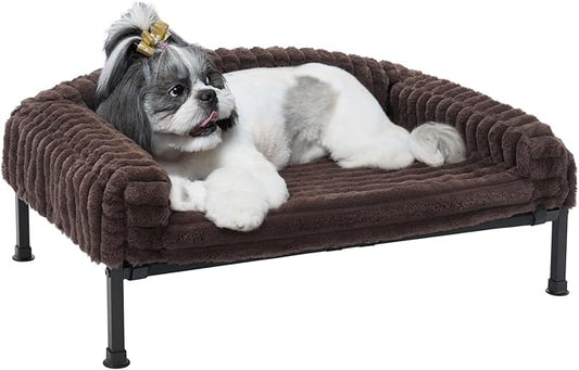 Veehoo Elevated Dog Bed with Bolster Cushion, Fluffy Plush Dog Couch Beds for Small Dogs, Cats, Washable Raised Pet Cot with Non-Slip Feet for Indoor or Patios Use, 30 x 20 Inches, Brown