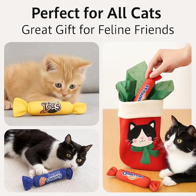 Catnip Candy Toys for Indoor Cats – 3-Pack Crinkle Cat Toys with Catnip Pouches, Durable Canvas & Soft Filling, Cat Chew Toys for Kittens & Adults (Mix Color)
