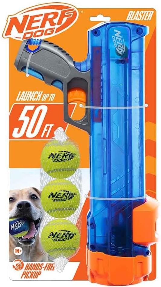 Nerf Dog Tennis Ball Blaster Dog Toy Gift Set, Tennis Ball Dog Fetch Toy Launches up to 50 ft, Dog Ball Thrower for All Breeds Includes Translucent Blue Tennis Ball Launcher and 3 Dog Tennis Balls