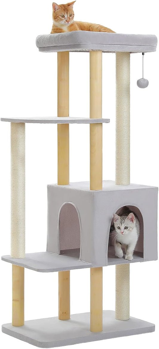 PAWZ Road Large Cat Tree, 53 Inches Modern Wooden Cat Tower for Indoor Cats, Multi-Level Cat Condos with Long Scratching Posts and Natural Wood Posts，Gray