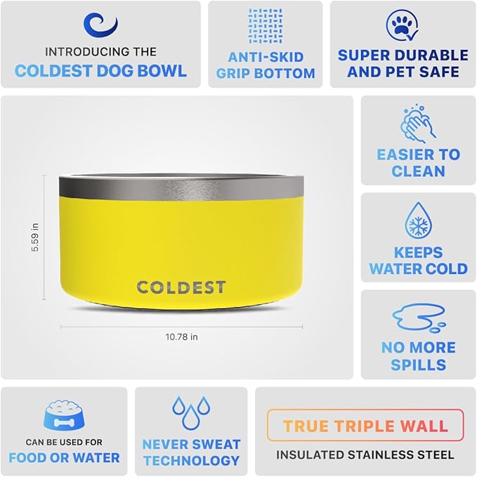 Coldest Dog Bowl - Anti Rust Metal, Non Slip, 3 Layers Insulated Stainless Steel Dog Bowls - Spill Proof & Heavy Duty - Water Bowl for Dogs, Cats & Pets, Dish Washer Safe (200 oz, Solar Yellow)