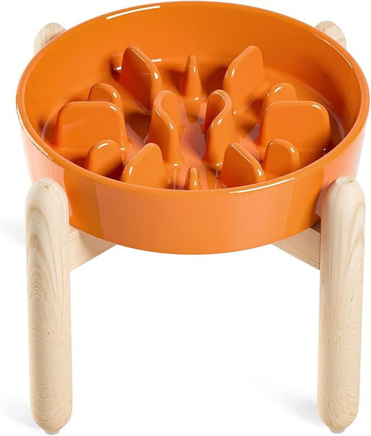 LE TAUCI Ceramic Slow Feeder Puzzle Bowl Elevated 1.5 Cup with Wooden Stand for Small & Medium Dog, Fast Eater Food Bowl Sun Orange