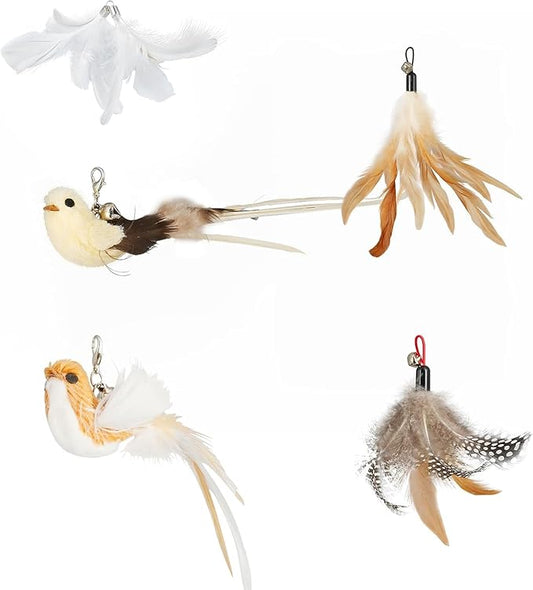 ROSAUI Cat Wand Refill Set – 5 Clip-On Toys (3 Feathers + 2 Birds) for Interactive Play – Replacement Attachments Most Cat Wands