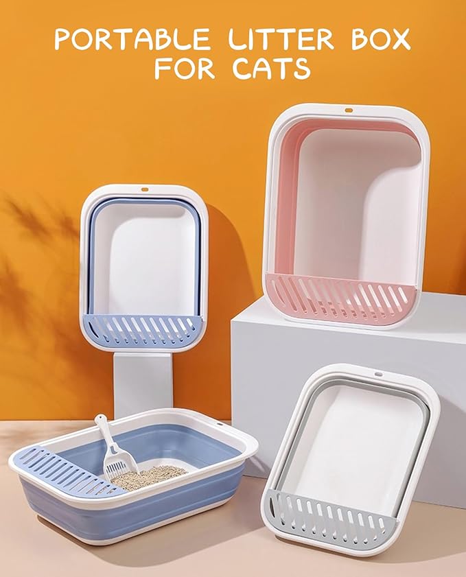 BNOSDM Senior Cat Litter Box Low Entry Kittens Travel Litter Box with Scoop Open Collapsible Shallow Cats Potty Pan Foldable Pet Toilet for Sick Disabled Older Elderly Cats Pink