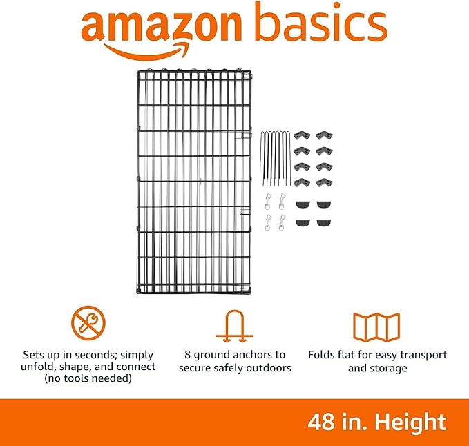 Amazon Basics Foldable Octagonal Metal Exercise Dog Playpen - Indoor/Outdoor, No Door, Extra Large (8 Panels, 24 x 48), Easy to assemble, store, and customize, 48" - X-Large, Black
