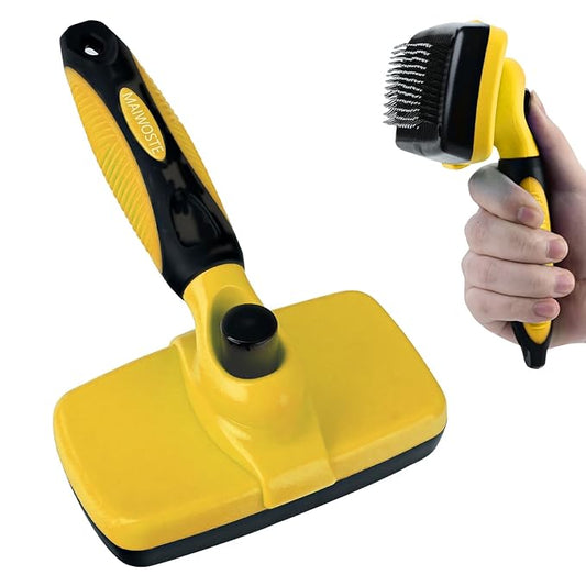 Large Self Cleaning Deshedding Brush for Dogs & Cats - One Button Hair Release Grooming Tool, Gentle Massage Brush for Long and Short Hair (Yellow)