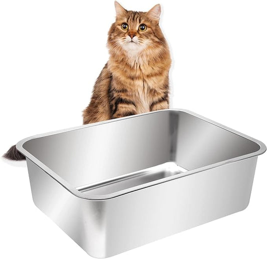 Kichwit Extra Large Stainless Steel Open Cat Litter Box with High Sides, Metal Litter Pan for Cat, 23.6 x 15.7 x 5.9 Inches