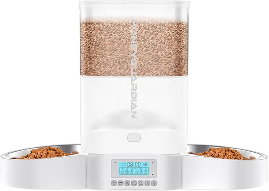 HoneyGuaridan Automatic Cat Feeder for Two,3.5L Cat Food Dispenser with Stainless Steel Bowl,Timed Feeder Programmable 1-6 Meals Control, Dual Power Supply,Desiccant Bag,10s Meal Call