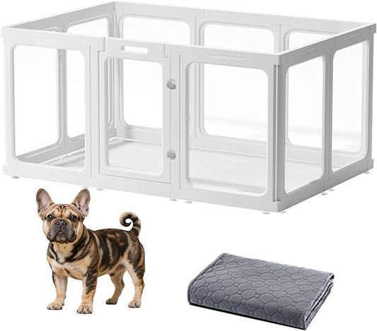 Acrylic Dog Playpen-Clear Dog Play Pen Indoor for Puppy-24”H 10Panels Transparent Pet Fence for Small Animals Rabbit Cat Ferret Whelping Crate Enclosure Cage Kennel with Easy Assembly
