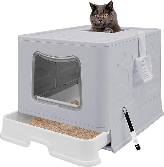 XL Foldable Cat Litter Box with Lid - Jumbo Enclosed Potty - Top Entry Anti-Splashing Toilet - Includes Scoop & 2-in-1 Cleaning Brush (Grey)