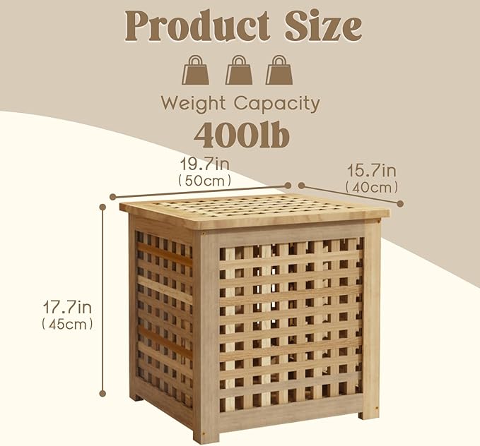 Bench with Storage, Acacia Laundry Hamper with Seat, Storage Benches with Seating for Entryway, Living Room, Bedroom, Bathroom (15.7x19.7x17.7in)