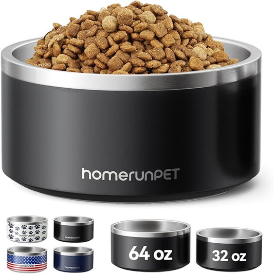 Homerunpet Double Wall Stainless Steel Dog Bowls, Non-Slip Base, Dishwasher Safe, Durable Pet Food & Water Bowl for Dogs & Cats(32oz, Black)