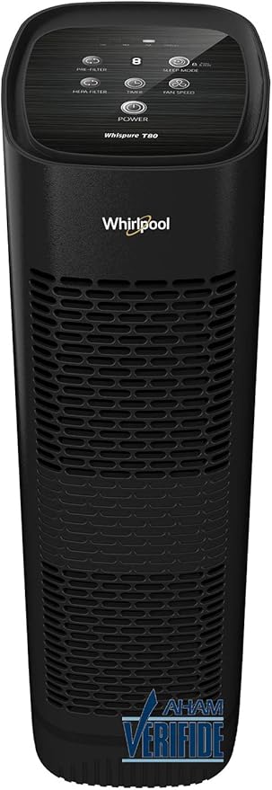 Whirlpool, WPT80B Whispure True HEPA Air Purifier, Activated Carbon Advanced Anti-Bacteria, Ideal for Allergies, Odors, Pet Dander, Mold, Smoke, Wildfire, and Germs, Large, Black