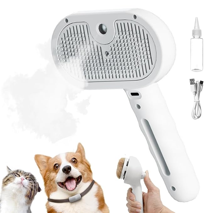 Cat Steam Brush, 3 in 1 Pet Spray Hair Removal Comb for Shedding & Grooming, Pet Grooming Brush with Spray, One-Click Release Button and Tank, Spritz Defur Comb for Cats Dogs, Effective(White)