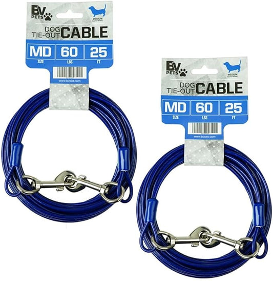 BV Dog Tie Out Cable 25 Feet - Heavy Duty Dog Lead Up to 60 Pounds - Reflective & Rust-Free with Quick Release Swivel Clips & 360° Rotating Clasp - Tangle-Free Dogs Runner for Yard (Blue, Pair)