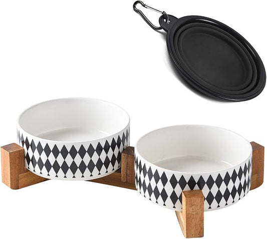 Petygooing Ceramic Dog Cat Bowl Set with Stand,Pet Food and Water Bowl,Small Dog Bowls Anti -Slip Set of 2 Cat Dishes Food Bowls Dish Small Size Pet (13.5OZ/5.1 in) Black Rhombus