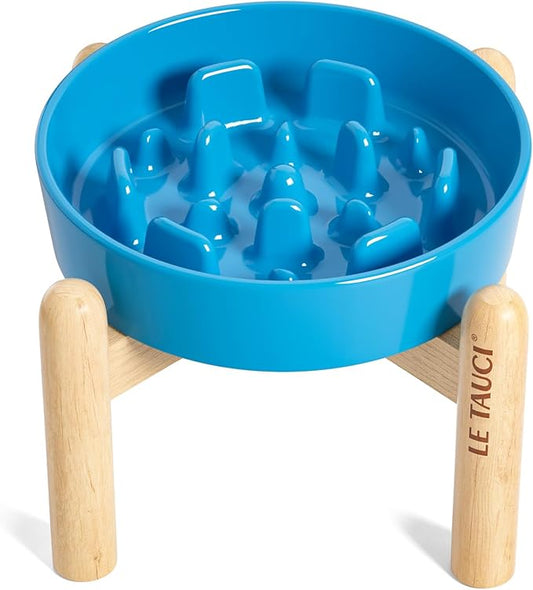 LE TAUCI Ceramic Slow Feed Dog Bowls, Elevated for Small Breeds, 6 inch, Blue, Non-slip