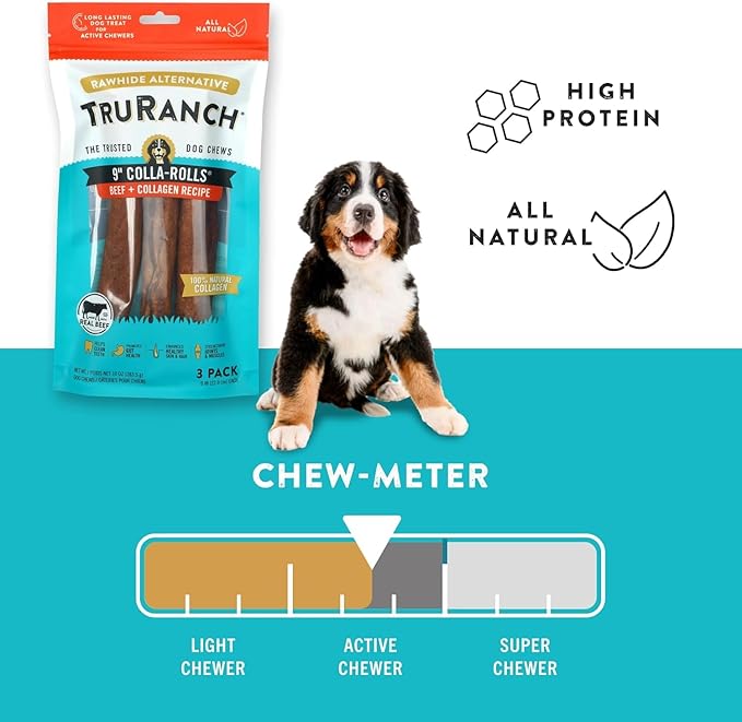 Collagen Rolls - 9" Collagen Rolls for Dogs - Long Lasting Healthy Joint Support Dog Treat - Rawhide Alternative - Skin & Coat Health - Made with Real Beef, 1 Bag, 3 Count