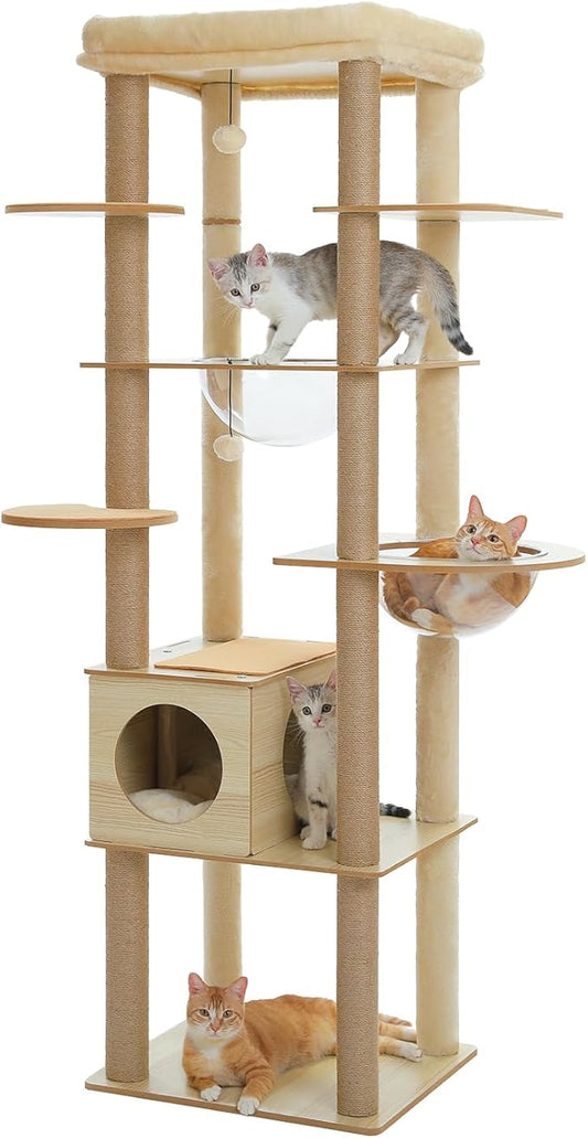 PEQULTI 71'' Cat Tree, Tall Wood Cat Tower for Indoor Cats with 2 Acrylic Cat Hammock, Multi-Level Activity Trees with Scratching Posts, Condo House and Large Top Perch for Large Cats, Beige
