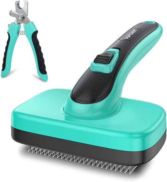 Pet Brush Kit for Grooming, Dog Self-Cleaning Slicker Brush + Nail Clippers Set for Shedding Long Short Haired Cats. Removes Loose Fur, Undercoat, Mats, Tangled for Most Hair Types & Size