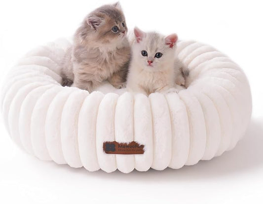 MEWOOFUN Cat Bed, Washable Beds for Indoor Cats, Cute Donut Bed Fluffy Pet Bed with Non-Slip Bottom, Calming Round Bed for Puppy and Kitten (Cream)