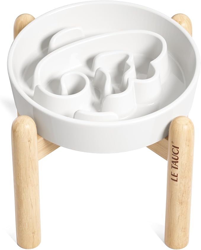 LE TAUCI Ceramic Slow Feeder Dog Bowls Elevated, 1.5 Cups Raised Dog Bowl with Wooden Stand for Small Medium Breed to Slow Down Eating, Puzzle Food Bowl,Angel White
