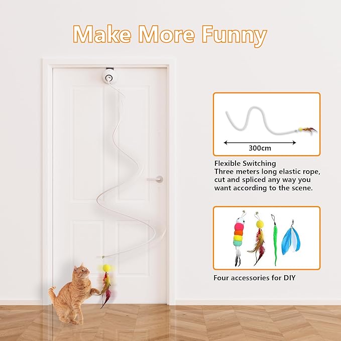 Cat Toys Interactive for Indoor, Cats Toy Hanging Door Electric for Bored, Feather Toy Kitten Rechargeable Door Hanging Automatic String with 4pcs Feather Toys, White