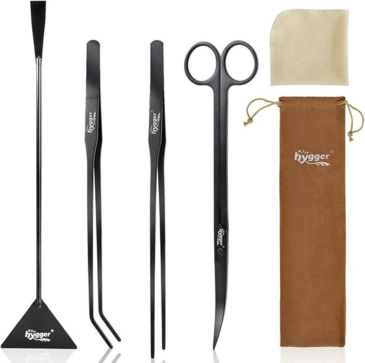 hygger Long Stainless Steel Premium Aquarium Tools, 4 PCS Aquatic Plant Tweezers Scissors Spatula Kits Comes with 1 Cleaning Cloth, for Fish Tank Starters