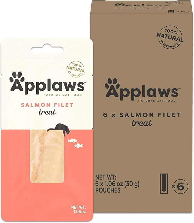 Applaws Natural Cat Treats, Grain-Free, High-Protein Whole Salmon Loins, Single-Ingredient Healthy Snack for Cats (6 x 1.06oz Loins)