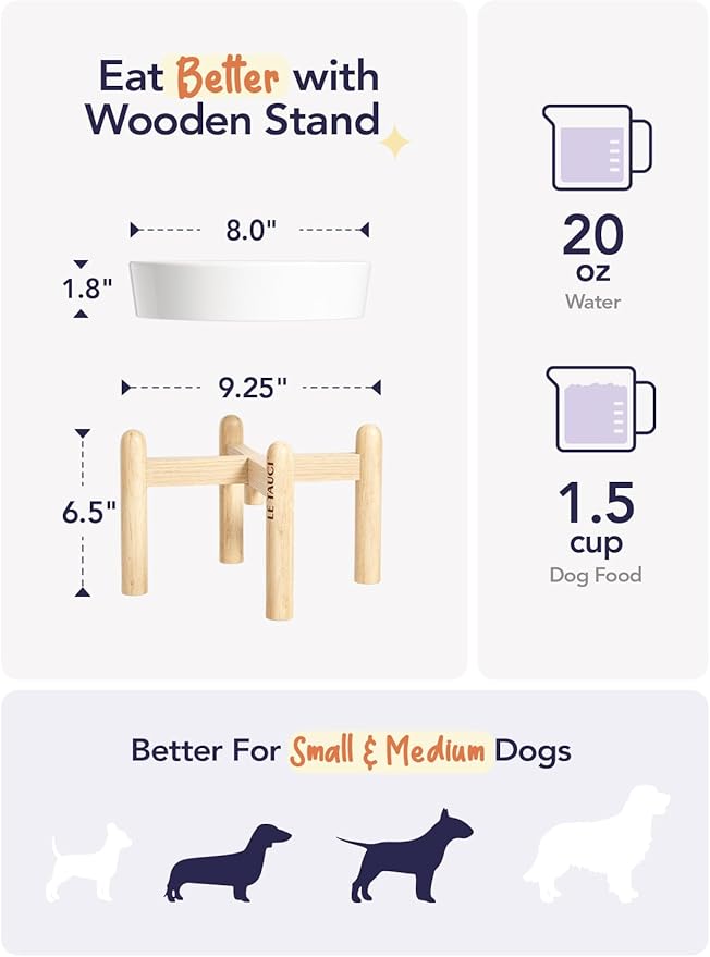 LE TAUCI Ceramic Slow Feeder Dog Bowls Elevated, 1.5 Cups Raised Dog Bowl with Wooden Stand for Small Medium Breed to Slow Down Eating, Puzzle Food Bowl,Angel White