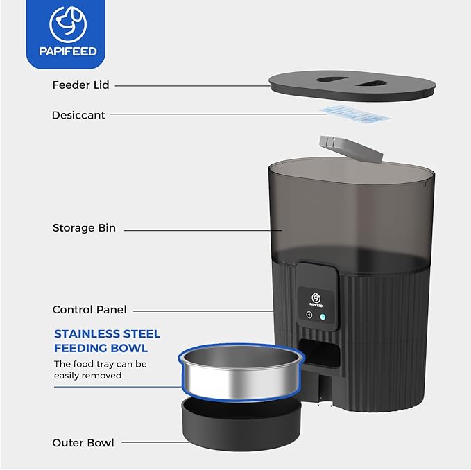 PAPIFEED Automatic Cat Feeder 3.5L/15 Cup 2.4G WiFi Pet Feeder for Dog Work with Alexa & Echo Timed Cat Food Dispenser for Remote Feeding with Stainless Steel Bowl up to 10 Meals Per Day with APP