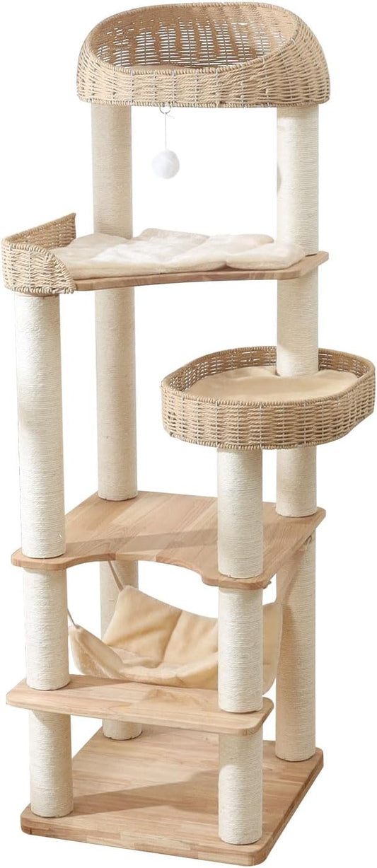 Wooden Cat Tree for Indoor Cats, 62-Inch Tall Cat Tower with Scratching Post for Large Cats, Solid Wood Cat Condo with Handwoven Basket, Modern Cat Tree Tower with Hammock, Easy to Clean