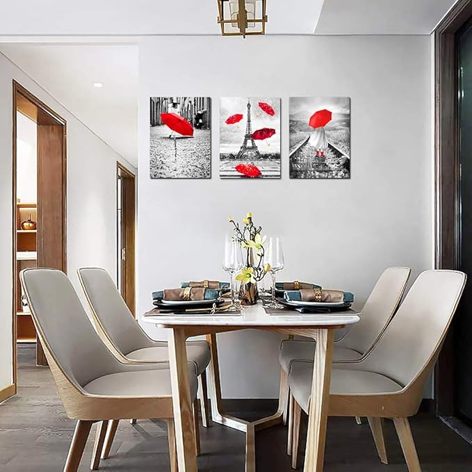 Black and white landscape Eiffel Tower 3 Piece Wall Art for Living Room Bathroom Decorations Kitchen Wall decor modern red umbrella Poster Canvas Print Office Bedroom Home Decoration wall paintings