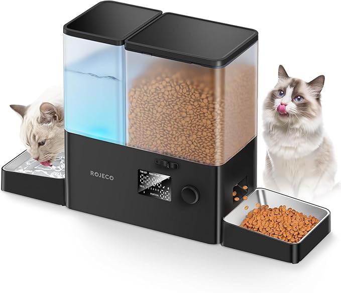 Rojeco 36Cups/8.5L Pet Automatic Cat Feeder and Gravity Water Dispenser,Stainless Steel Bowls 2-in-1 Set Large Capacity 5L Food Feeder and 3.5L Water Fountain for Cats,Pets,Small Dogs,Black